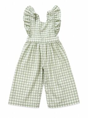 Stitchy Fish Sage Gingham Ruffle Wide Leg Romper 24M NWOT